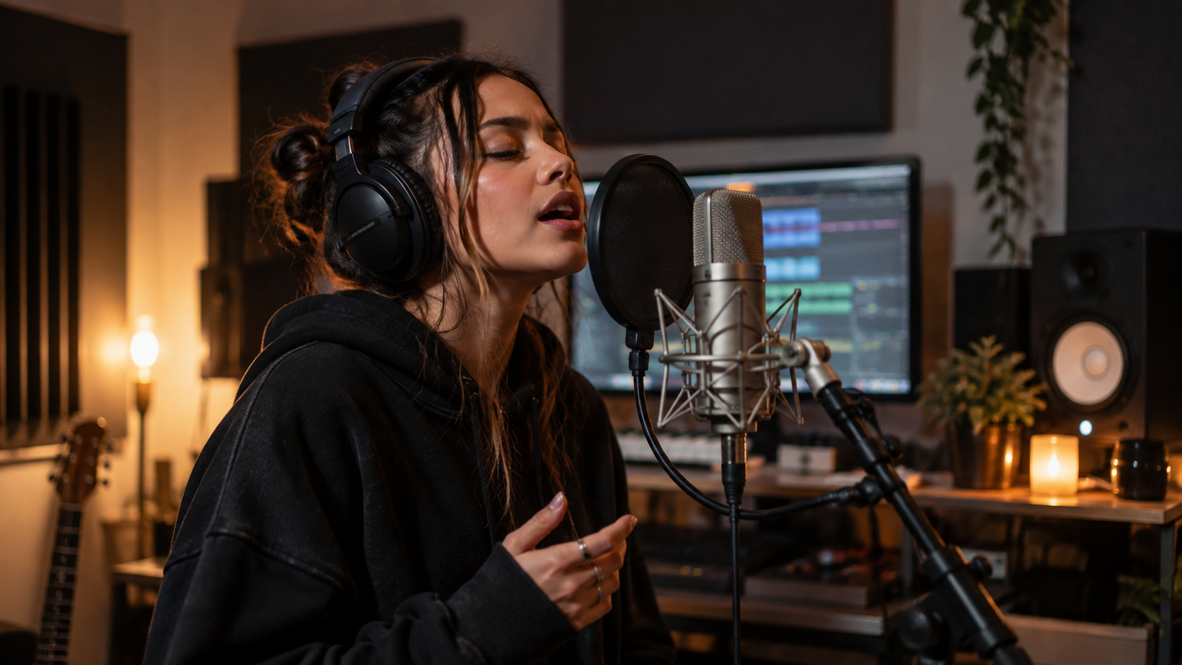Vocal recording setup in a studio