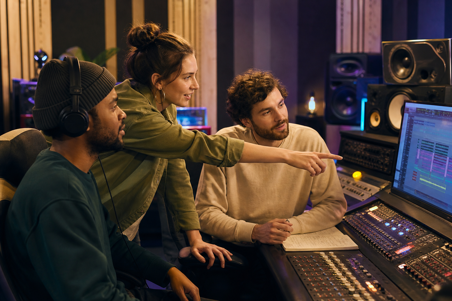 People collaborating in a recording studio
