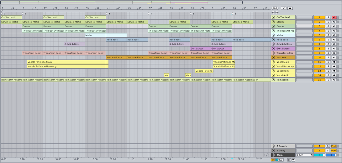 Ableton Live arrangement view for building a track