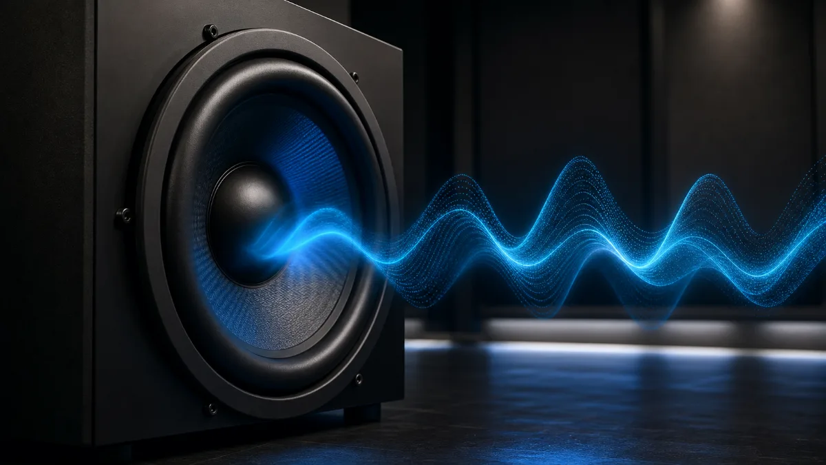 Studio subwoofer producing a glowing bass wave