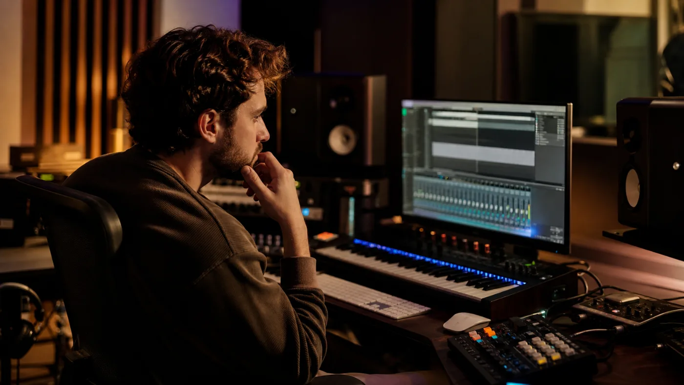Thoughtful music producer working in a recording studio