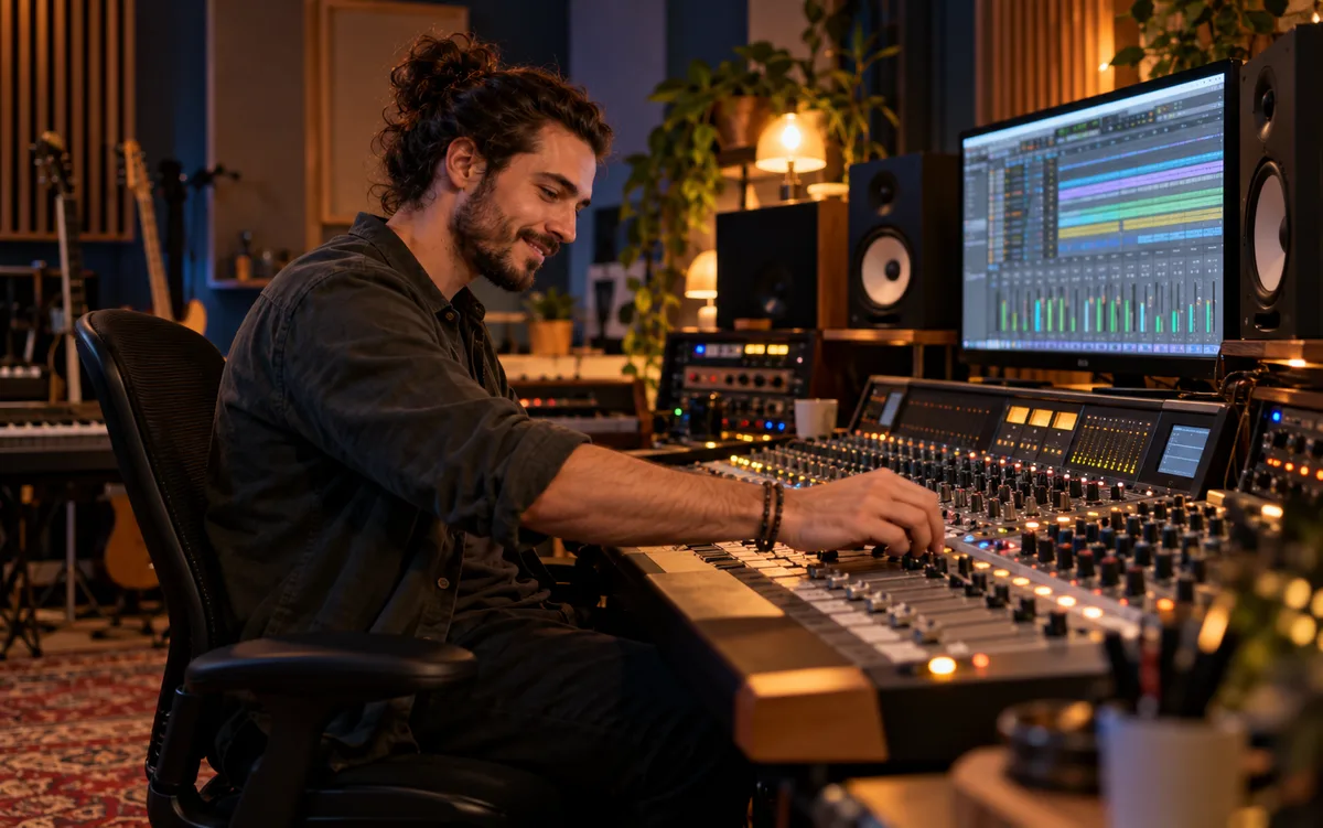 Producer enjoying mixing at a studio desk