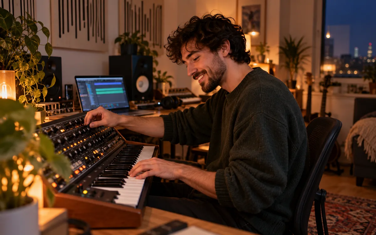 Producer smiling while playing and shaping a hardware synthesizer